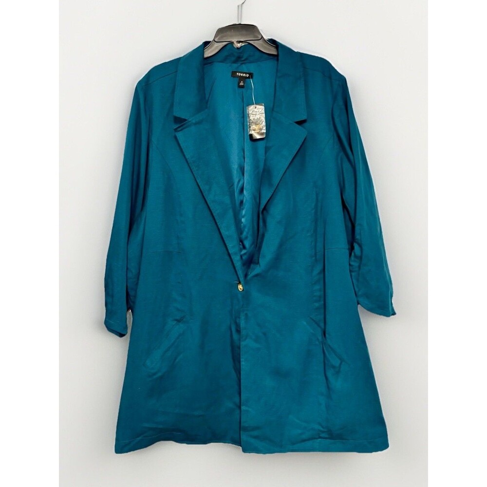 Torrid Studio Linen Blazer and Linen High Rise Pant Suit Set Blue Teal Sz 5X-20R - Picture 2 of 16